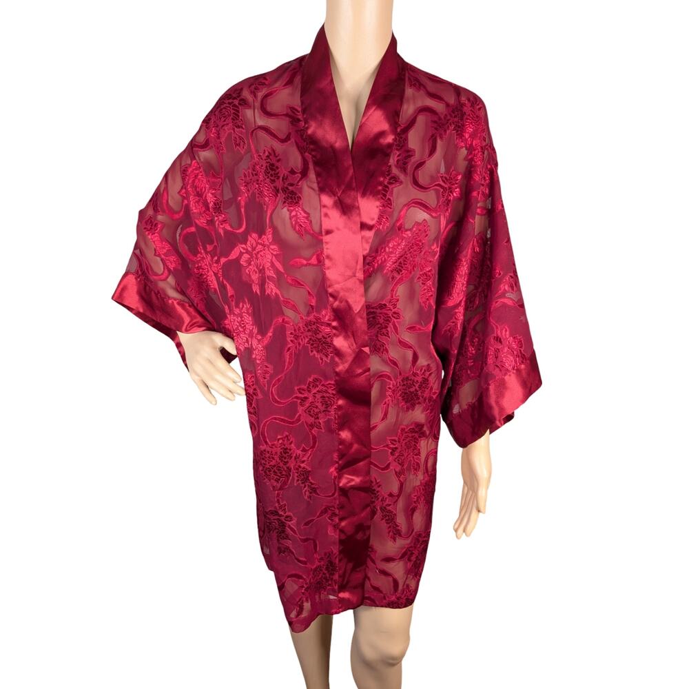 Vintage 90s Victoria's Secret Gold Label Robe S Red Satin Floral Sheer Duster